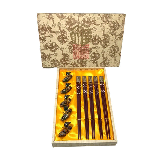 Vintage Chinese Chopsticks With Duck Rests - Set For 5 Wooden Lacquered - Unused