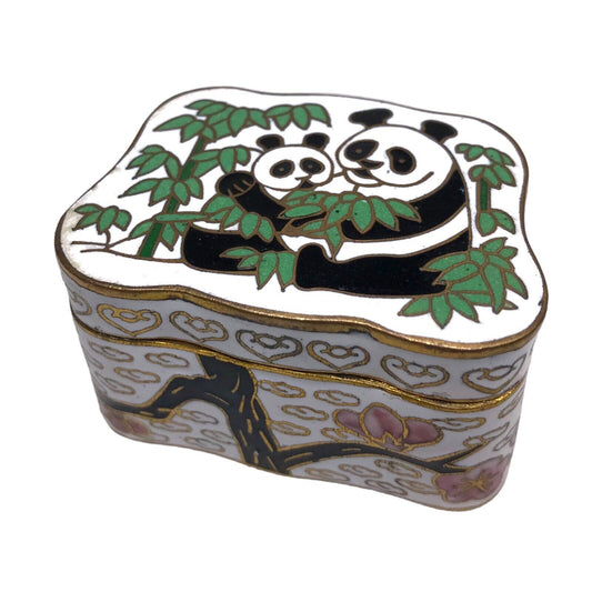 Vintage Enamelled Panda Bear with Bamboo Trinket Jewellery Pill Box Dish