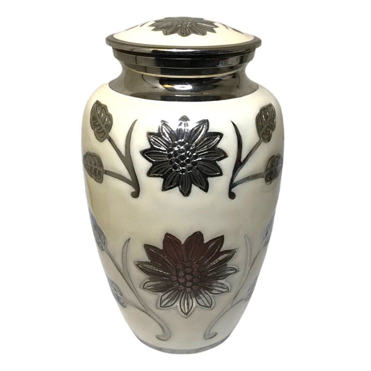 White Color Metal Sunflower Hastings Designed Large Memorial Urn For Human Ashes