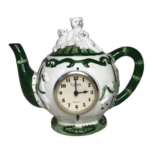 Vintage Decorative Teddy Bear Porcelain Mantle/Desk Clock Teapot Kaytime Quartz