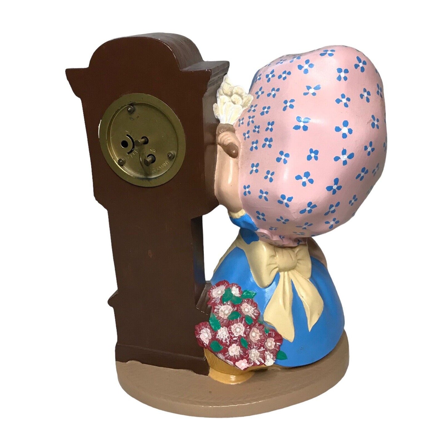 Byron Molds Girl With Bonnet And Cat with Wind Up Grandfather Clock West Germany