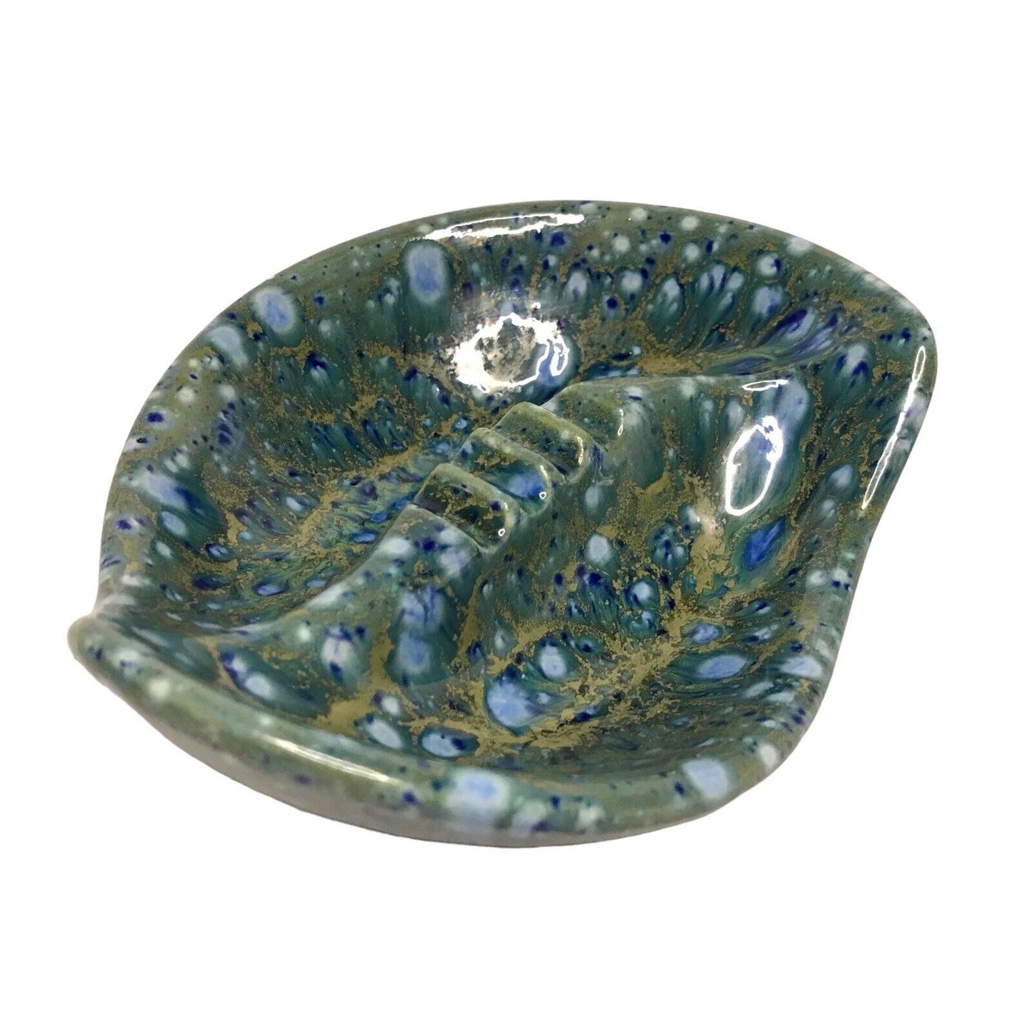 Handmade Ceramic Ashtray Mid Century - Organic Leaf Green with Blue Speckles