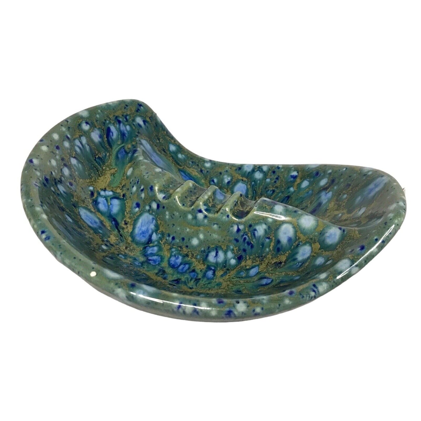 Handmade Ceramic Ashtray Mid Century - Organic Leaf Green with Blue Speckles