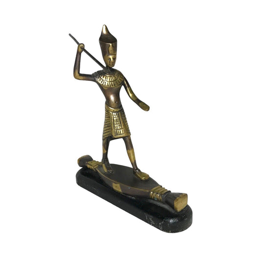 Egyptian Brass Resin Statue Figure On Raft Spear Fishing On Wood - Pharaoh / Tut