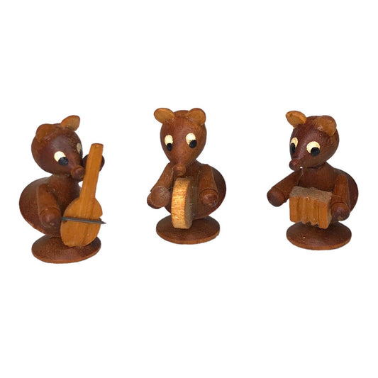 3x Tiny Wooden Carved Mouse Band - Double Bass, Drum & Accordion