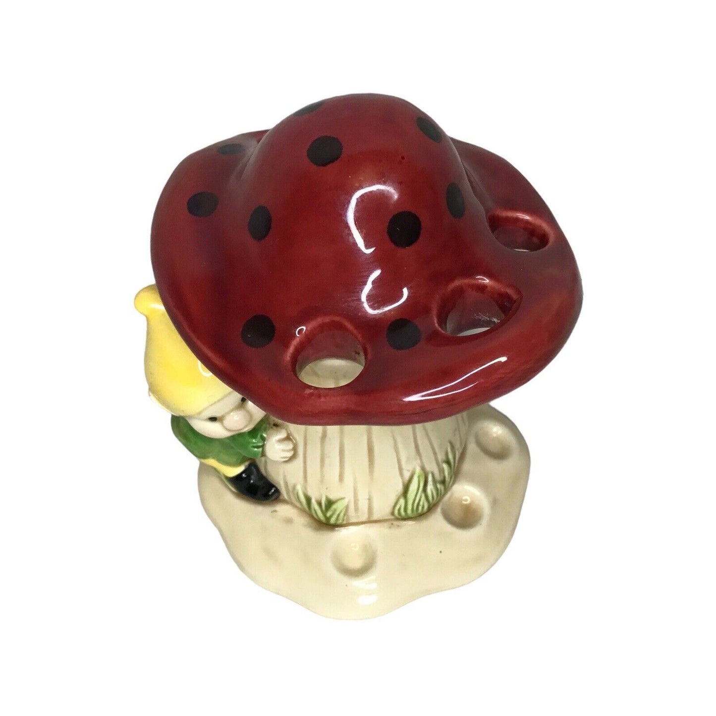 Vintage Ceramic Mushroom with Gnome Pen Pencil Chopstick Holder Stand Japan