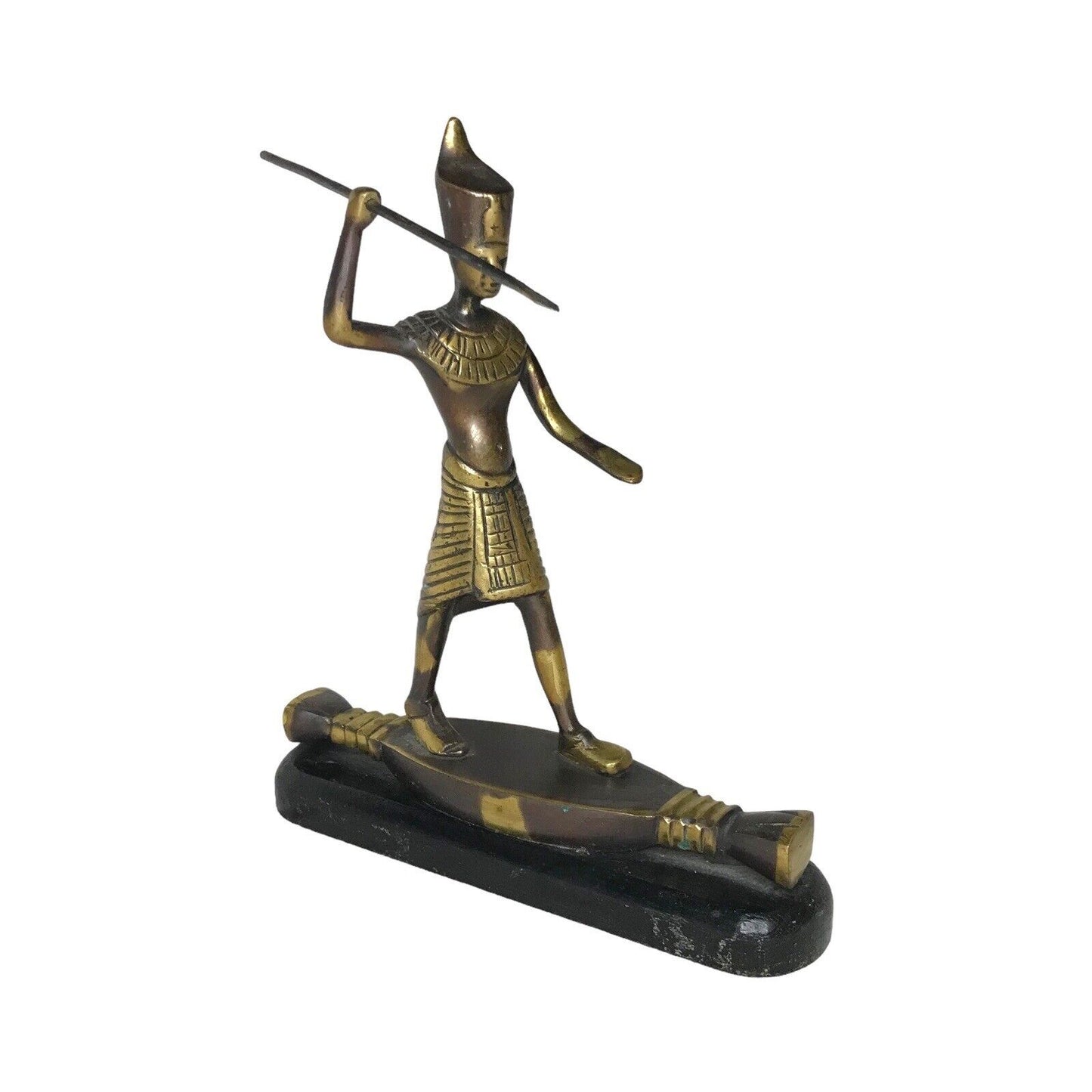 Egyptian Brass Resin Statue Figure On Raft Spear Fishing On Wood - Pharaoh / Tut