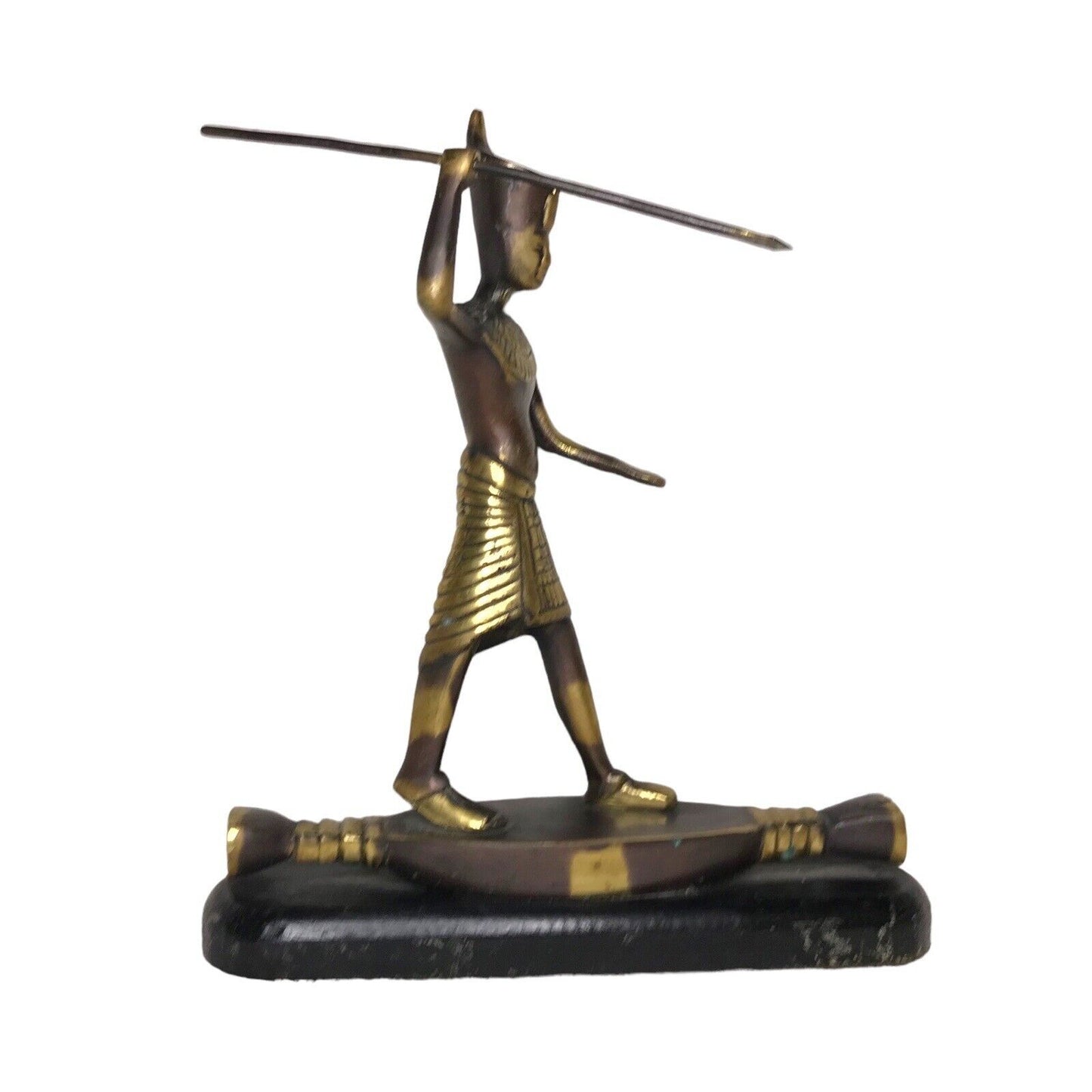 Egyptian Brass Resin Statue Figure On Raft Spear Fishing On Wood - Pharaoh / Tut