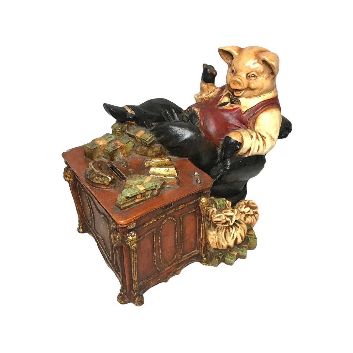 Musical Money Box Bank of Dressed Boss Pig Sitting at a Desk with Money Wind Up