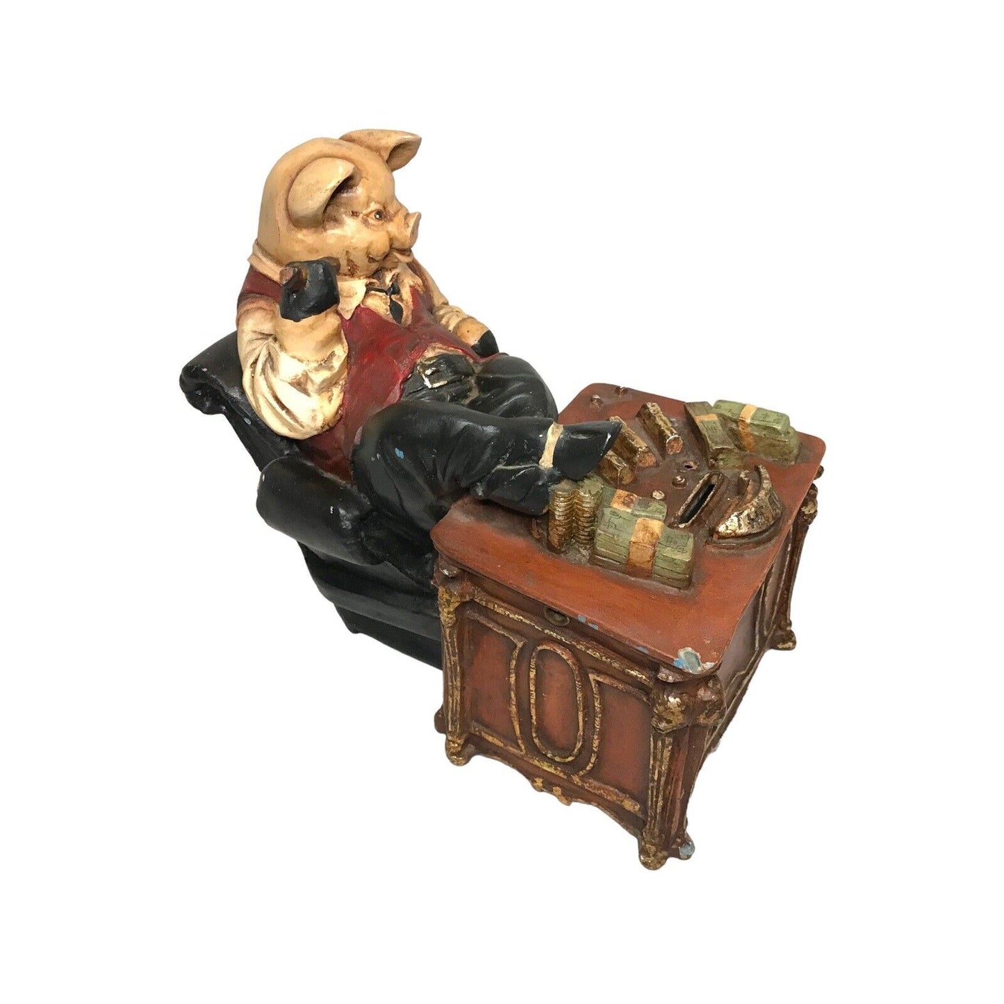 Musical Money Box Bank of Dressed Boss Pig Sitting at a Desk with Money Wind Up