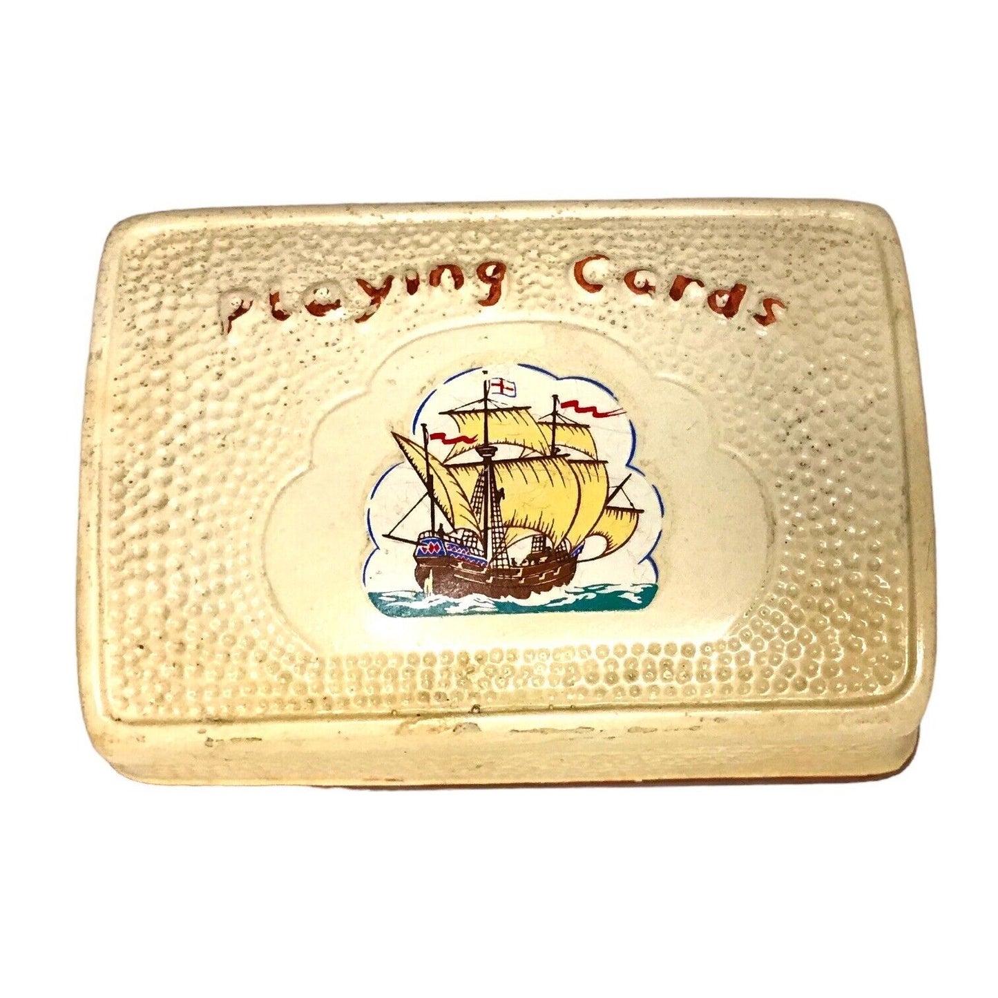 Vintage Playing Card Set Ceramic Box Card Set Tray with Ship Picture