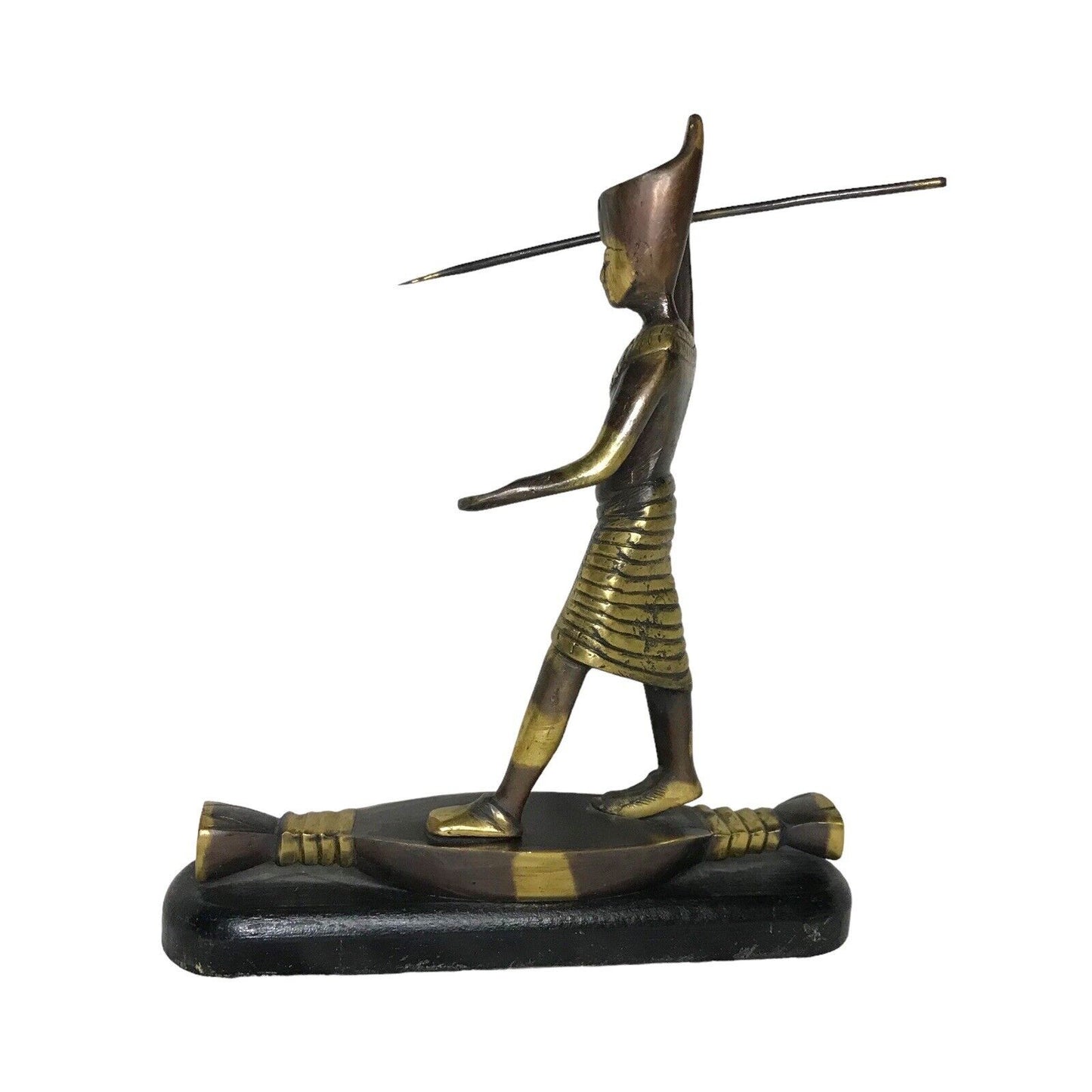 Egyptian Brass Resin Statue Figure On Raft Spear Fishing On Wood - Pharaoh / Tut